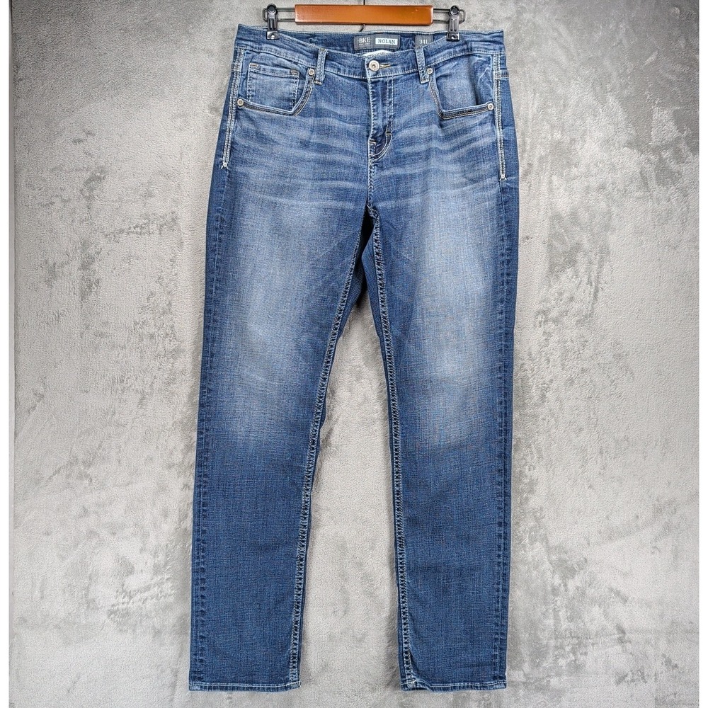 BKE Nolan Straight Jeans 34X33 (Act 36x33) Stretch Thick Stitch Whiskered